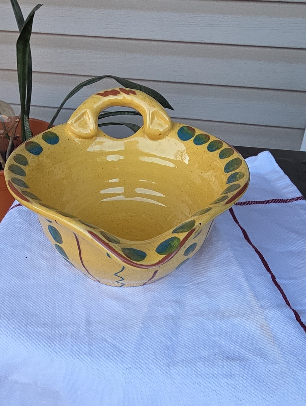 Handcrafted Yellow Ceramic Serving Bowl with Green Accent Dots